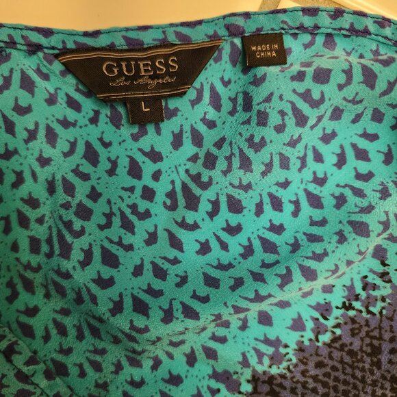 Guess Top Women's Large Blue Green Animal Cheetah Alligator Print Flowy Light - Picture 4 of 9